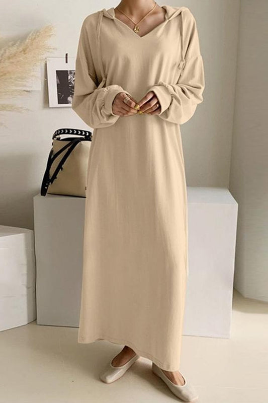 V Neck Drawstring Hooded Dress