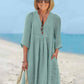 Women's Cotton and Linen Half Sleeve V-neck Loose Casual Pocket Dress