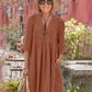 Women's Cotton and Linen Half Sleeve V-neck Loose Casual Pocket Dress