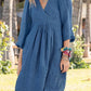 Women's Cotton and Linen Half Sleeve V-neck Loose Casual Pocket Dress