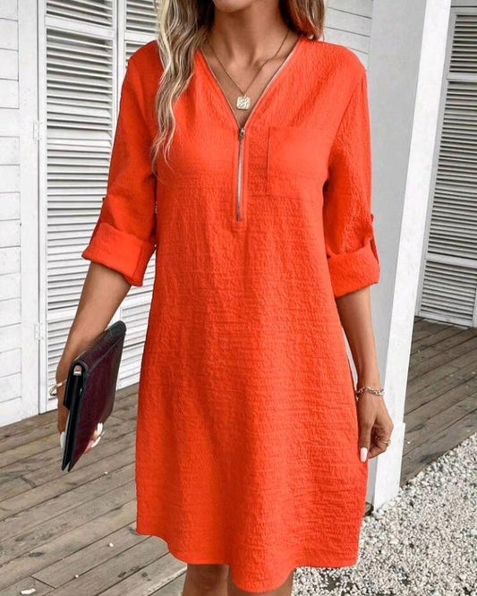 Casual V-neck Half-zip Solid Color Dress